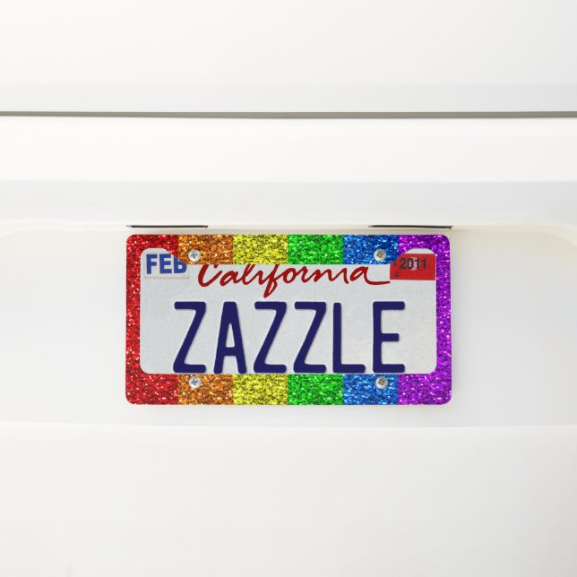 LGBT flag vibrant rainbow glitter faux sparkle License Plate Frame (On Car)