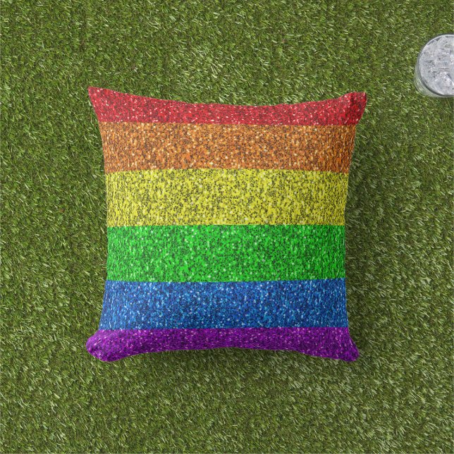LGBT flag vibrant rainbow glitter faux sparkle Outdoor Pillow (Grass)