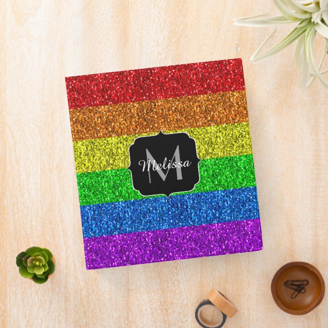 LGBT flag vibrant rainbow glitter sparkle Monogram 3 Ring Binder (In Situ)