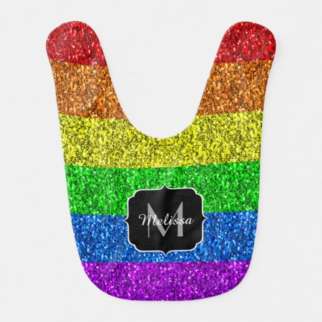 LGBT flag vibrant rainbow glitter sparkle Monogram Bib (Front)