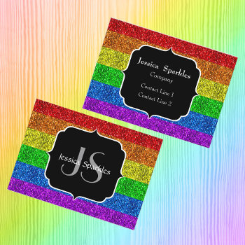 Lgbt Flag Vibrant Rainbow Glitter Sparkle Monogram Business Card by PLdesign at Zazzle