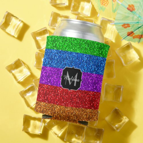 LGBT flag vibrant rainbow glitter sparkle Monogram Can Cooler