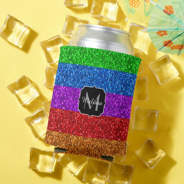 LGBT flag vibrant rainbow glitter sparkle Monogram Can Cooler (In Situ Summer)