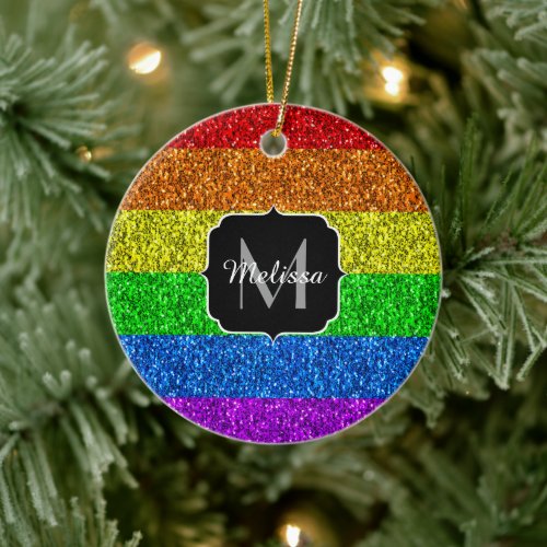 LGBT flag vibrant rainbow glitter sparkle Monogram Ceramic Ornament