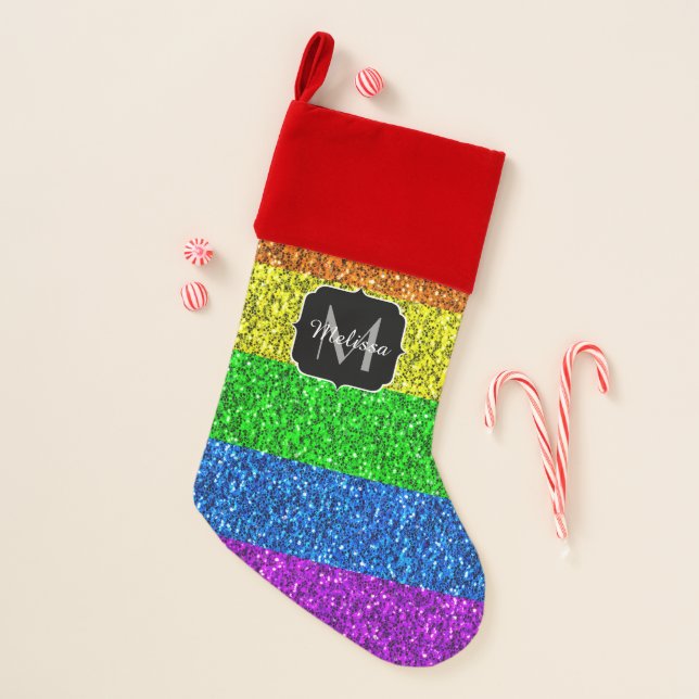 LGBT flag vibrant rainbow glitter sparkle Monogram Christmas Stocking (Front)