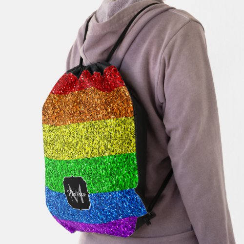 LGBT flag vibrant rainbow glitter sparkle Monogram Drawstring Bag