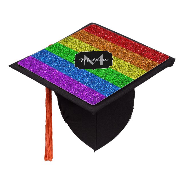 LGBT flag vibrant rainbow glitter sparkle Monogram Graduation Cap Topper (Angled)