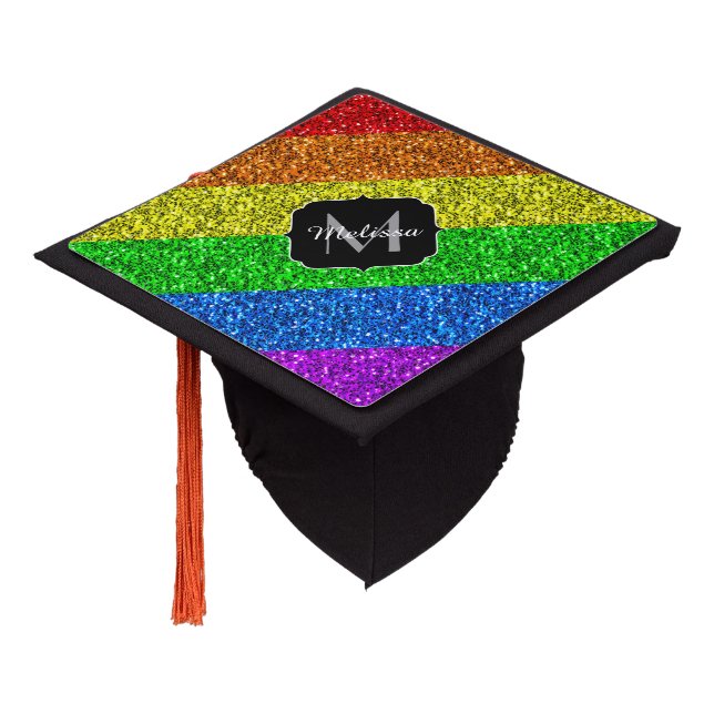 LGBT flag vibrant rainbow glitter sparkle Monogram Graduation Cap Topper (Angled)