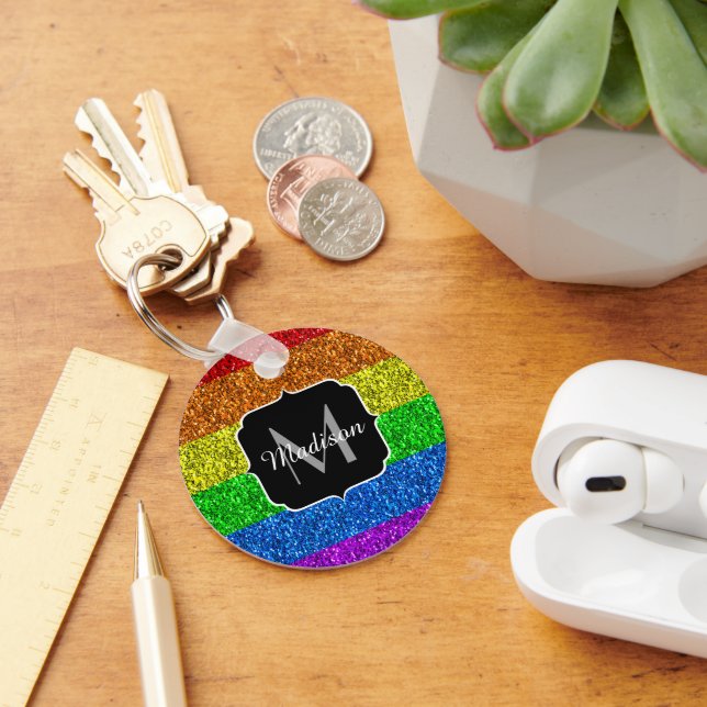 LGBT flag vibrant rainbow glitter sparkle Monogram Keychain (Desk)