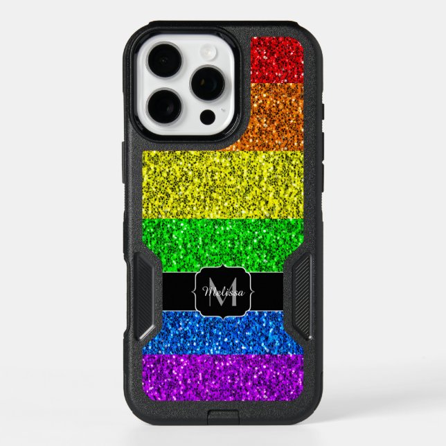 LGBT flag vibrant rainbow glitter sparkle Monogram Otterbox iPhone Case (Back)
