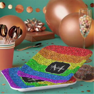 LGBT flag vibrant rainbow glitter sparkle Monogram Paper Plates
