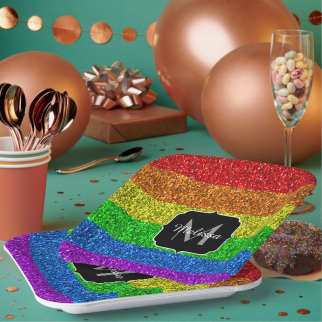 LGBT flag vibrant rainbow glitter sparkle Monogram Paper Plates (Multi)