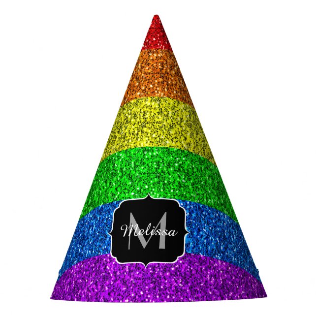 LGBT flag vibrant rainbow glitter sparkle Monogram Party Hat (Front)