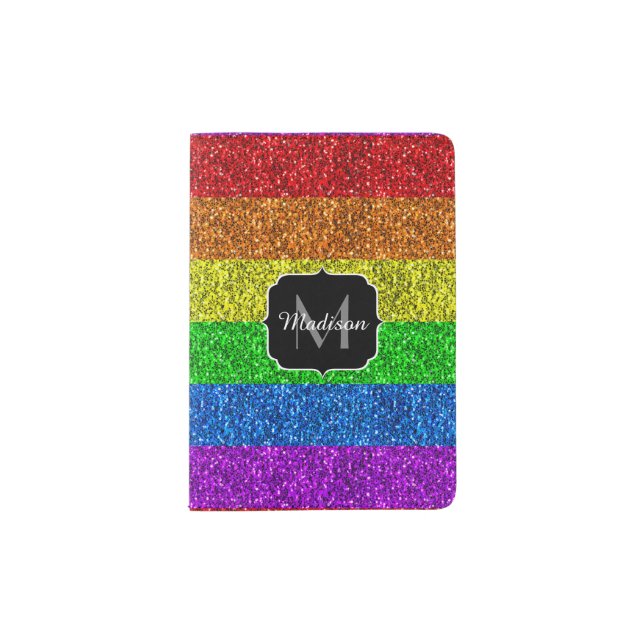 LGBT flag vibrant rainbow glitter sparkle Monogram Passport Holder (Front)