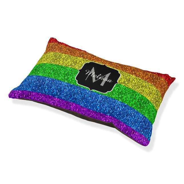 LGBT flag vibrant rainbow glitter sparkle Monogram Pet Bed (Angled)