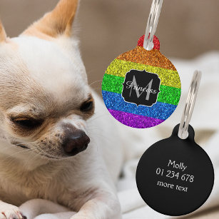 LGBT flag vibrant rainbow glitter sparkle Monogram Pet Name Tag