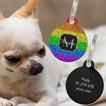 Lgbt Flag Vibrant Rainbow Glitter Sparkle Monogram Pet Name Tag by PLdesign at Zazzle
