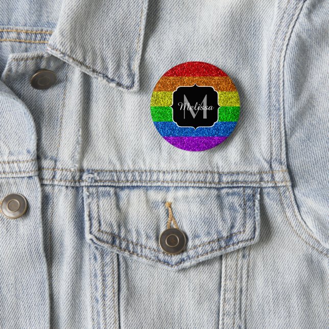 LGBT flag vibrant rainbow glitter sparkle Monogram Pinback Button (In Situ)