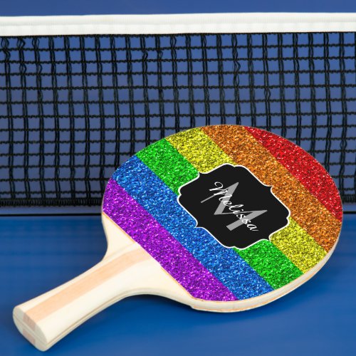 LGBT flag vibrant rainbow glitter sparkle Monogram Ping_Pong Paddle