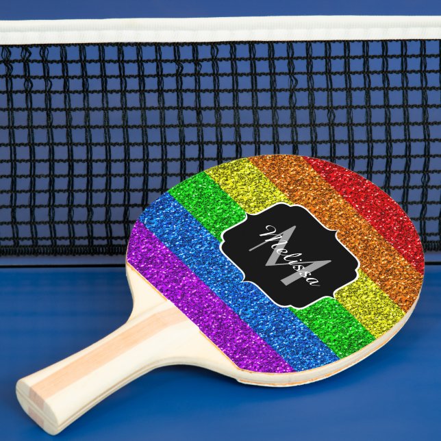 LGBT flag vibrant rainbow glitter sparkle Monogram Ping-Pong Paddle (Insitu)