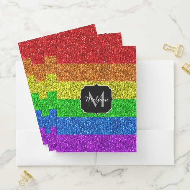 LGBT flag vibrant rainbow glitter sparkle Monogram Pocket Folder (In Situ)