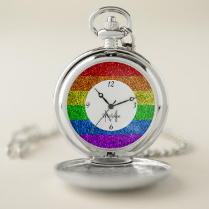 LGBT flag vibrant rainbow glitter sparkle Monogram Pocket Watch