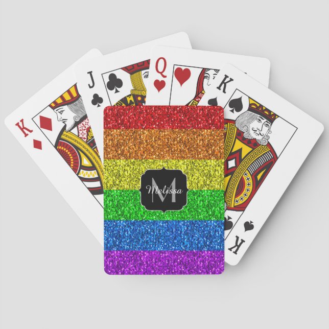 LGBT flag vibrant rainbow glitter sparkle Monogram Poker Cards (Back)