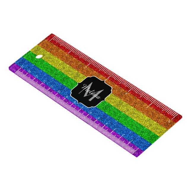 LGBT flag vibrant rainbow glitter sparkle Monogram Ruler (Angled)
