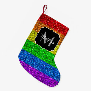 LGBT flag vibrant rainbow glitter sparkle Monogram Small Christmas Stocking