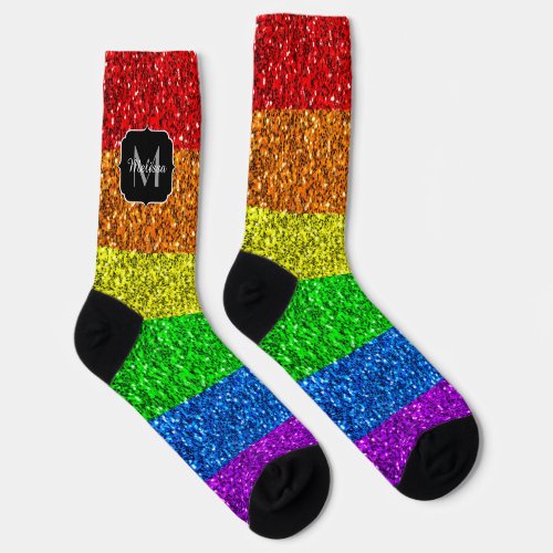 LGBT flag vibrant rainbow glitter sparkle Monogram Socks