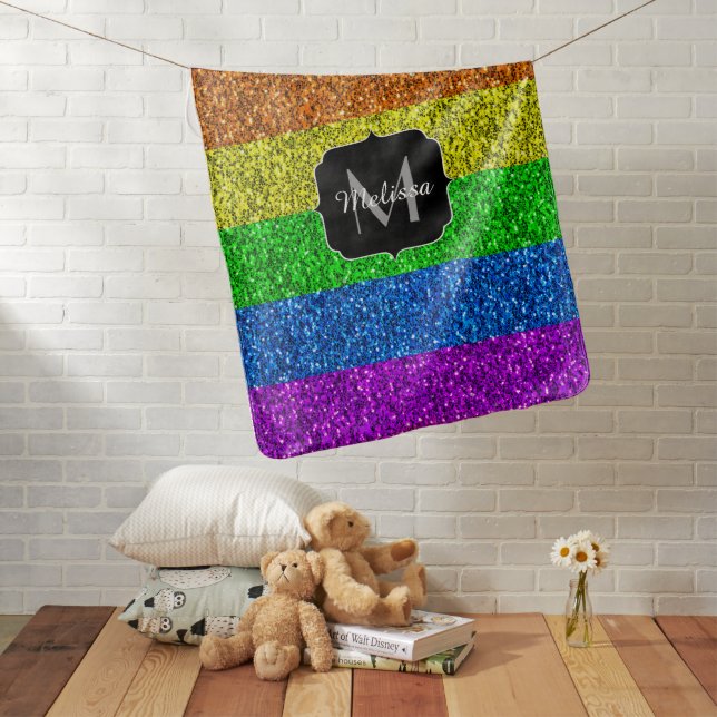 LGBT flag vibrant rainbow glitter sparkle Monogram Stroller Blanket (In Situ)