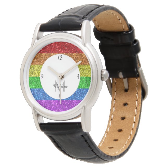 LGBT flag vibrant rainbow glitter sparkle Monogram Watch (Angled)