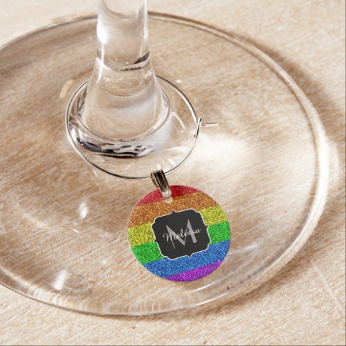 LGBT flag vibrant rainbow glitter sparkle Monogram Wine Charm