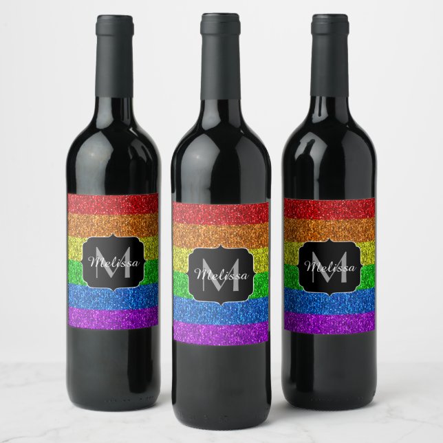 LGBT flag vibrant rainbow glitter sparkle Monogram Wine Label (Bottles)