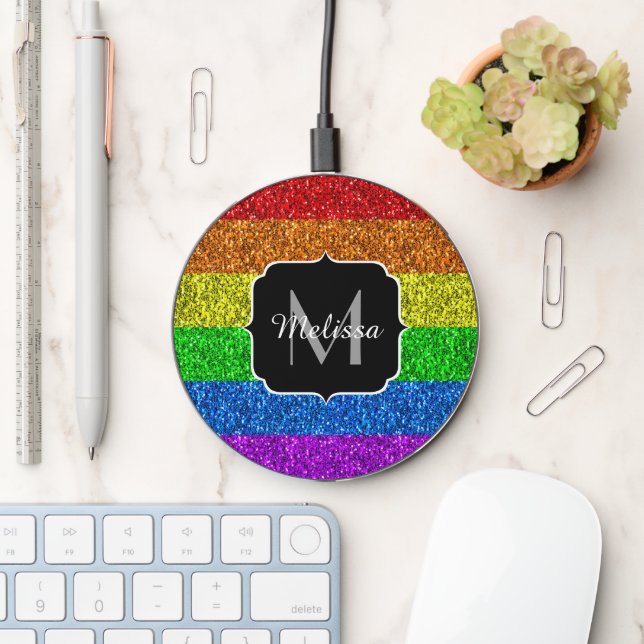 LGBT flag vibrant rainbow glitter sparkle Monogram Wireless Charger (Desk)