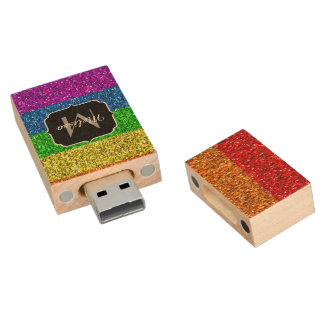 LGBT flag vibrant rainbow glitter sparkle Monogram Wood Flash Drive