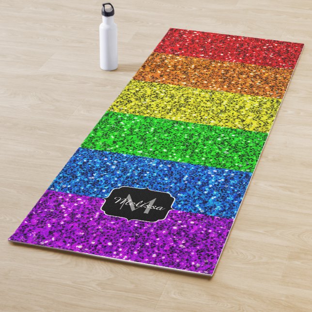 LGBT flag vibrant rainbow glitter sparkle Monogram Yoga Mat (In Situ)