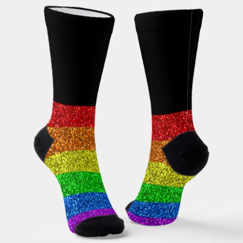 LGBT flag vibrant rainbow glitter sparkle on black Socks