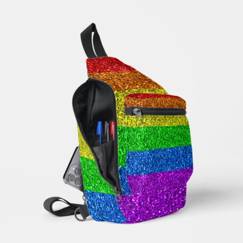 LGBT flag vibrant rainbow glitter sparkles Sling Bag