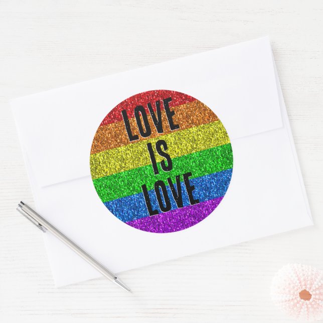 LGBT flag vibrant Sparkle Love text customize Classic Round Sticker (Envelope)