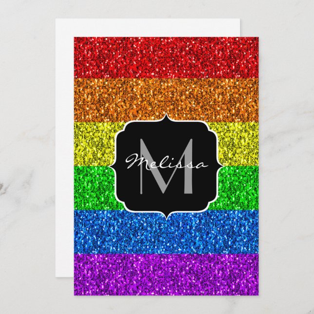 LGBT flag vibrant sparkles Monogram Invitation (Front/Back)