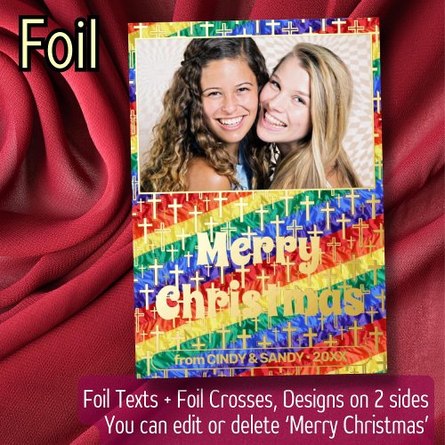 LGBT Gay custom photo rainbow flag cross Christmas Foil Holiday Card