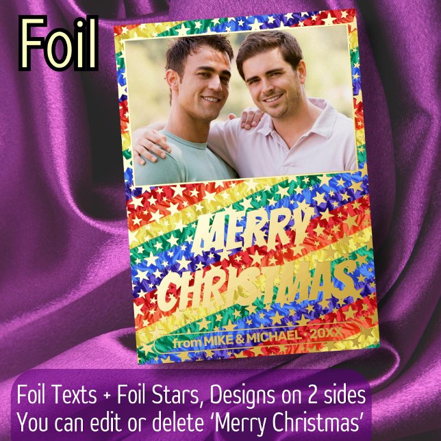 LGBT gay custom photo rainbow flag stars Christmas Foil Holiday Card (Creator Uploaded)