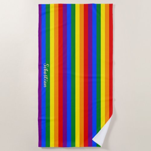 LGBT Gay Lesbian Pride Monogrammed Rainbow Stripes Beach Towel