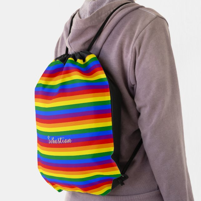 LGBT Gay Lesbian Pride Monogrammed Rainbow Stripes Drawstring Bag (Insitu)