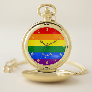 LGBT Gay Lesbian Pride Rainbow Flag Monogrammed Pocket Watch