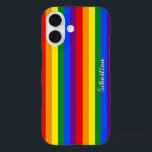 LGBT Gay Lesbian Pride Rainbow Stripes Monogrammed iPhone 16 Case<br><div class="desc">Create your own custom, personalized, unique, one-of-a-kind, beautiful elegant stylish faux gold typography script name monogram / initials, monogrammed, cool, modern, vibrant, LGBT gay pride rainbow flag colors, colorful geometric stripes pattern, chic, sleek, stylish, form-fitting, featherlight, trendy, slim profile, lightweight, impact resistant, durable hard plastic, glossy finish Apple iPhone case....</div>