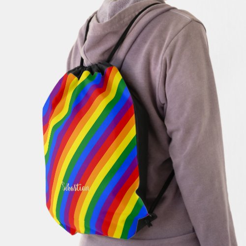 LGBT Gay Lesbian Pride Rainbow Stripes Monogrammed Drawstring Bag