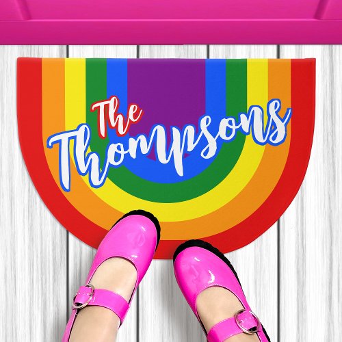 LGBT Gay Pride Cartoon Rainbow Family Last Name Doormat