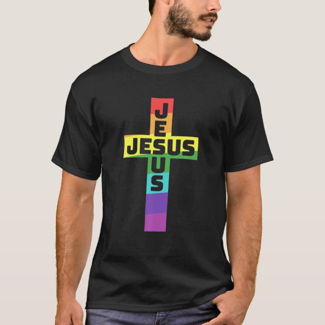 LGBT Gay Pride Jesus Rainbow Flag Christian Cross T-Shirt (Front)